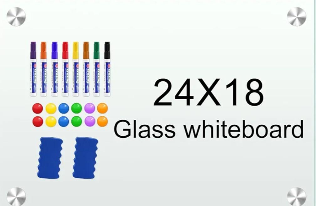 H-Qprobd White Board 24”x18“ Magnet Dry Erase Boards Frameless Magnetic Glass Whiteboard for Wall, Wall Mounted Whiteboard Includes 12 Magnets, 8 Markers and 2 Erasers