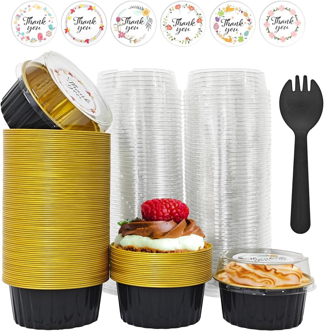 100 PCS Mini Cake Pans with Lids and 100 PCS Spoons,Aluminium Foil Baking Cups, 5 oz Disposable Baking Cups Foil Ramekins For Party Birthday Wedding Valentines (Black)