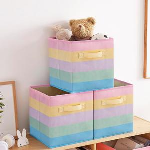 11 Inch Fabric Collapsible Storage Cubes,3 Pack Rainbow Colored Closet Storage Bins with 2 Handles Foldable Cube Baskets for Organizing Clothes, Toys, Books