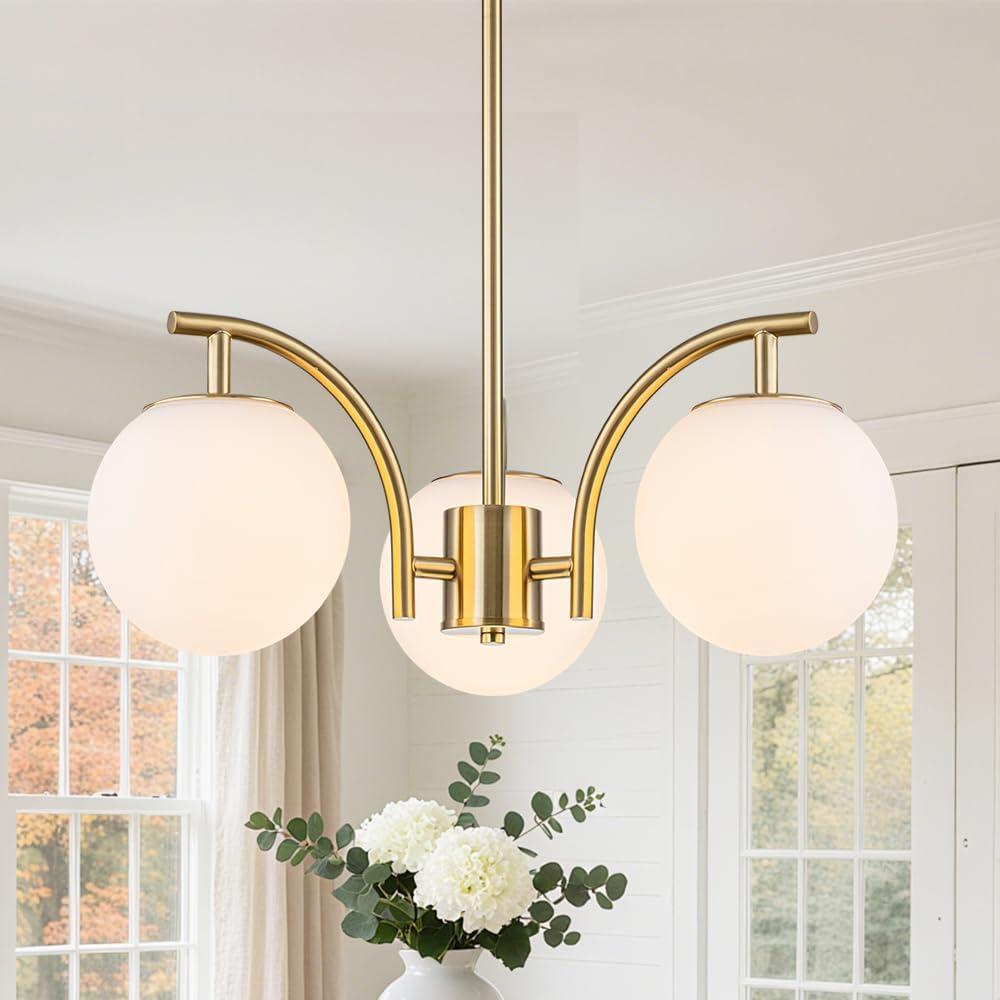 Sputnik Gold Chandelier 3 Lights Globe Milk Glass Pendant Light | Mid Century Adjustable Rod Modern Brass Hanging Light Fixtures for Dining Roon Kitchen Island Foyer