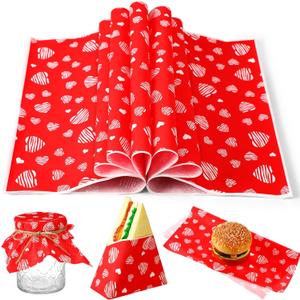 Marspark 100 Sheets Heart Wax Paper for Food Wrapping 11.4 x 11 Inches Red Food Basket Wax Paper for Spring Picnic Wedding Mother's Day Birthday Candy Cookies Sandwich Burgers Greaseproof Wrapping