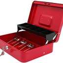 xydled Cash Box with Money Tray and Key Lock,Money lock box with Cash Tray,Safe Lock Box Tiered,4 Bill / 5 Coin Slots,11.8" x 9.5" x 3.5",Red No Key