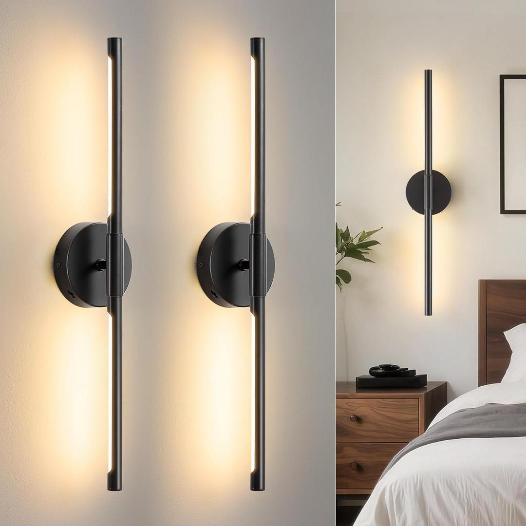 Lightania Hardwired Wall Sconces Set of Two, 24'' Modern Black LED Wall Lights, 360 Rotatable, 2700K-5000K Adjustable, 3CCT Dimmable Wall Sconce Light Fixture for Living Room Bedroom Hallway, ETL