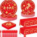 QZYL 122 PCS Chinese New Year Decorations 2026, Disposable Red Paper Plates, 30 Set Lunar New Year Plates and Napkins Forks Tablecloth, Year of the Horse Party Supplies Spring Festival Table Decor