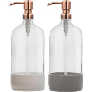 32 oz Glass Pump Bottle Rustproof Stainless Steel Pump, Funnel, and Lids. Modern Farmhouse Vintage Jar, Large Glass Shampoo Bottles with Pump and Laundry Soap Dispenser  Rose Gold
