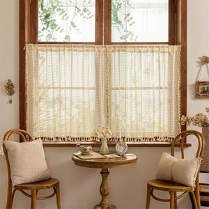 Sutuo Home Beige Boho Lace Short Kitchen Curtains 36 inches Long for Cafe Laundry Room, Semi Sheer Window Curtains Farmhouse Crochet Vintage Tassels Rustic Valance Rod Pocket Decor, 2 Panels 50" W
