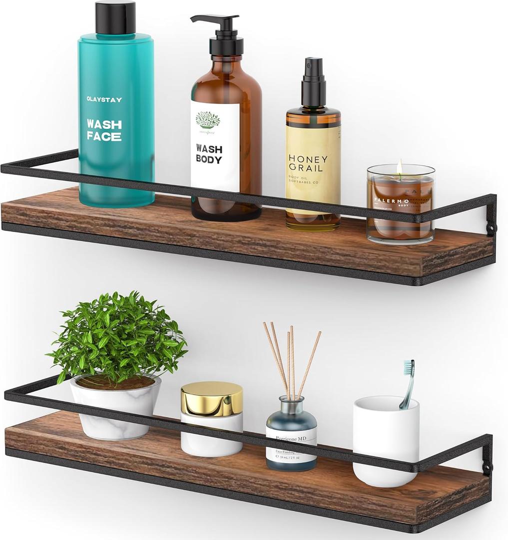 Meangood Floating Shelves Wall Mounted Set of 2, Rustic Wood Wall Storage Shelves for Bedroom,Living Room,Bathroom, Kitchen Rustic Brown (15"D x 5"W x 2"H)