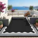 Garvee Outdoor Rug 8x10 Scalloped Waterproof Patio RV Outdoor Rugs Reversible Foldable Plastic Straw Rug Modern Camping Carpet for Deck Camper Porch Balcony Backyard Picnic Beach Black and White