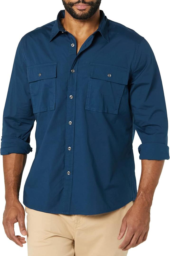 Amazon Essentials Mens Slim-Fit Long-Sleeve Two-Pocket Utility Shirt (Blue, XS)