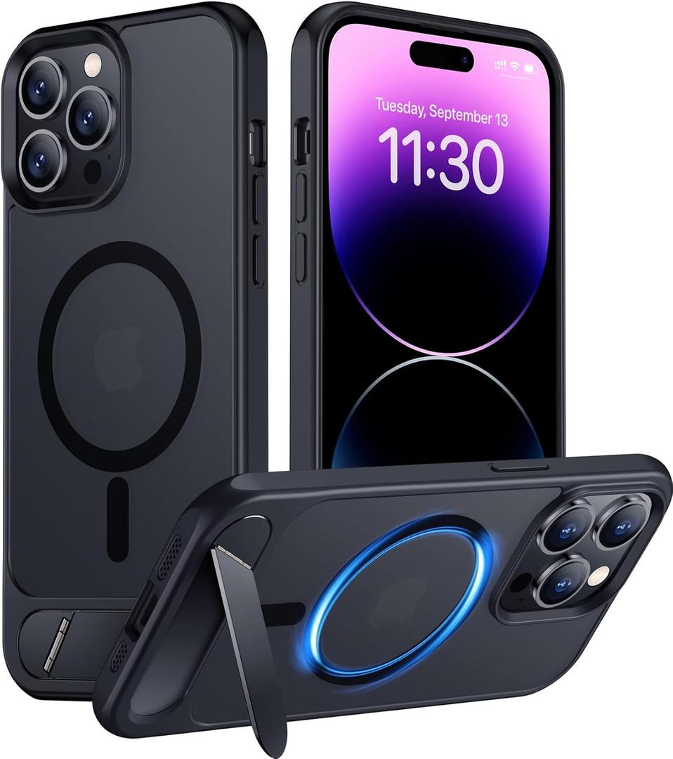 Temdan Magnetic Compatible with iPhone 14 Pro Max Case, [Built-in Invisible Kickstand][Compatible with MagSafe] [Military Grade Shockproof] Slim Translucent Matte Phone Case for iPhone 14 Pro Max 6.7" (Black)