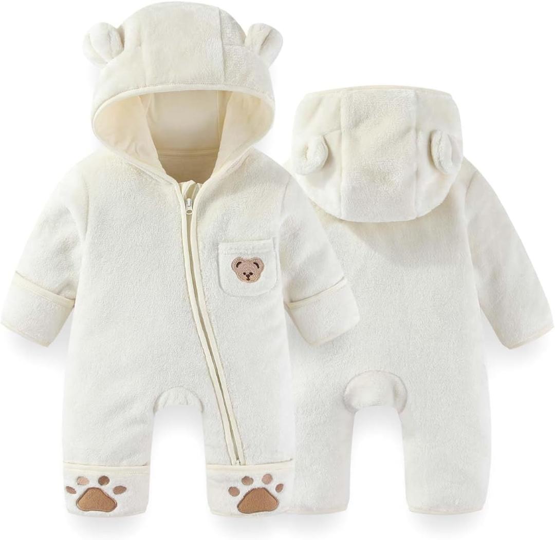 Fairy Baby Newborn Baby Bear Outfit With Fold-Over Mittens Footies Thin Fleece Romper Hooded Jumpsuit Winter Coat Girls Boys (White, 0-3 Months)