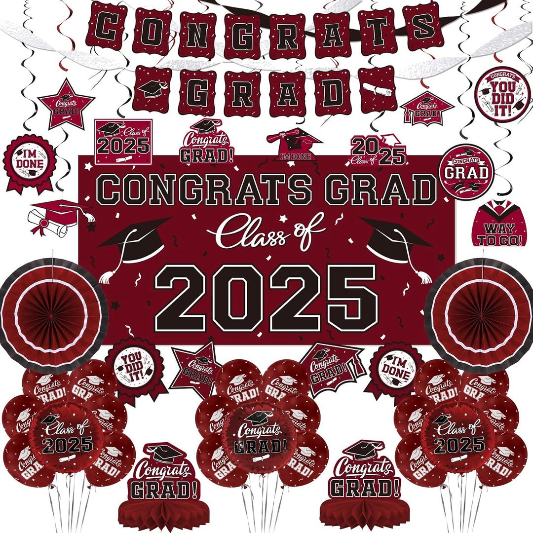 Maroon Themed 2025 Graduation Decorations Set - Congrats Grad Banner, Class of 2025 Backdrop, Balloons & Streamers Kit - Complete Party Supplies for High School & College Celebrations