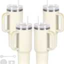 4 Pack 40 Oz Tumbler with Handle Bulk, Double Wall Vacuum Insulated Stainless Steel Tumbler with Lid and Straw, 40 oz cup with Silicone Spill Proof Stopper Set (Cream)