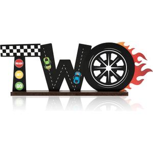 OSNIE Race Car Two Letter Sign Wooden Table Centerpiece Lets Go Racing Checkered Theme 2nd Party Supplies Decoration Milestone Cake Smash Photo Props for Kids Boys Two Years Old Birthday