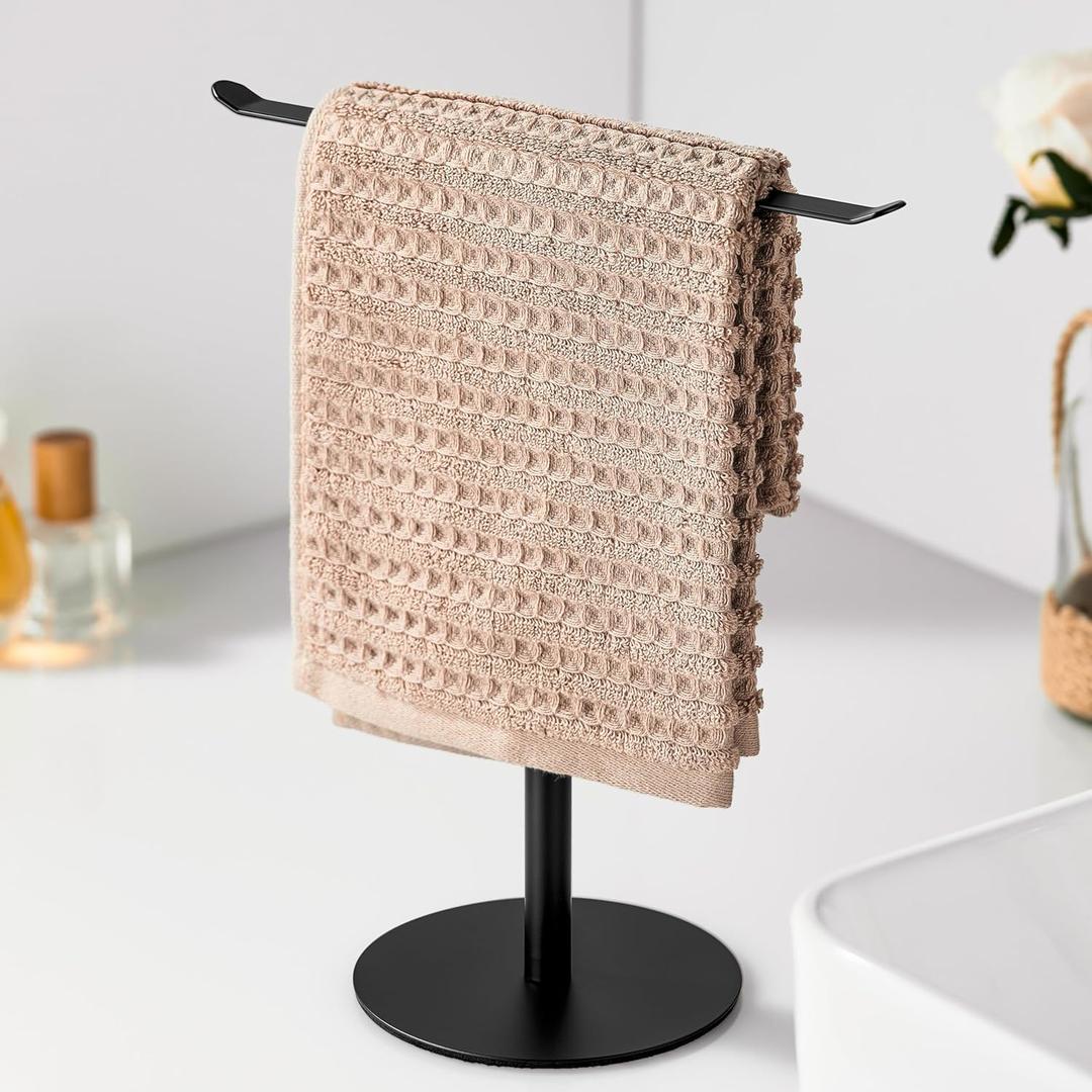 Black Hand Towel Holder Stand  Countertop T-Shaped Stainless Steel Towel Rack with Non-Slip Base for Vanity and Kitchen