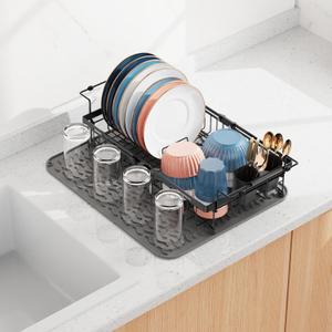 iSPECLE Expandable Dish Drying Rack with Silicone Mat for Large Kitchen Sink or On Counter, Rust Resistant Adjustable Over the Sink Dish Drainer with Tightening Knob, 12.8" W x 15.8"-20.7" L, Black