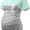 DEBELLY Maternity Shirt Long & Short Sleeve Tunic Color Block Crew Neck Striped Pregnancy Casual Tops with Crochet Pocket (S)