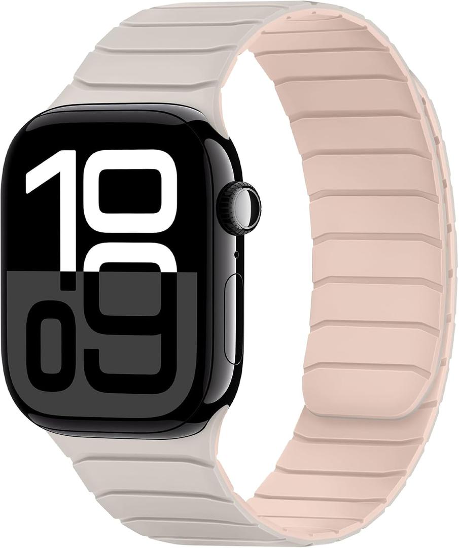 Tasikar Magnetic Bands Compatible with Apple Watch 42mm(Series 11/Series 10) 41mm 40mm 38mm Soft Silicone Replacement Loop Wristband for iWatch SE Series 11 10 9 8 7 6 5 4 3, Starlight-Pink