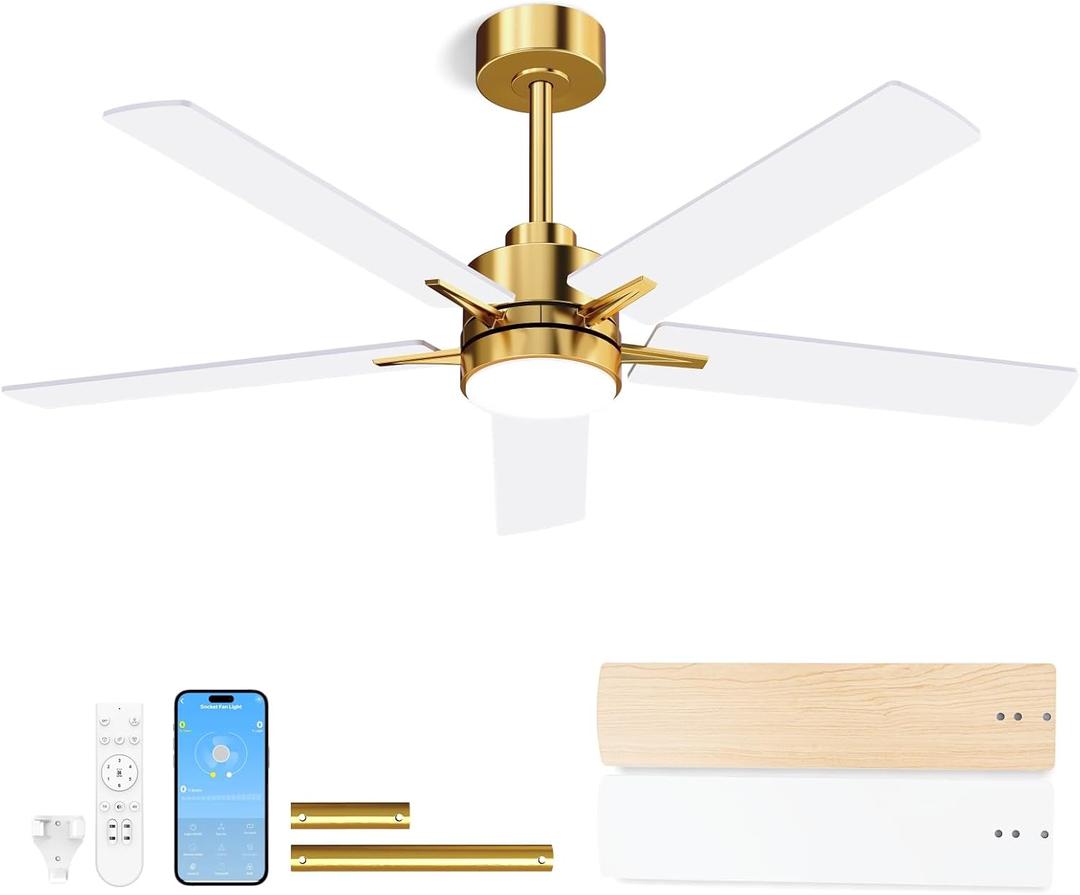 Metal Ceiling Fan with Lights and Remote, 52 Inch, Gold & White