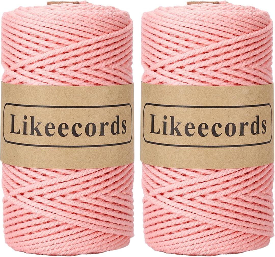 Likeecords 2 Rolls Cotton Macrame Cord 3mm x 100m, 3 Strand Twisted Rope, Cotton String Yarn (Pink)