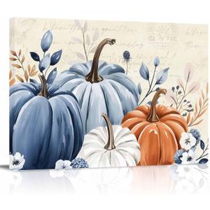Blue Pumpkins Fall Modern Art Wall Decor for Living Room/Bedroom, Farmhouse Thanksgiving Weeping Leaves Large Canvas Art Painting Framed Ready to Hang 24" x 16" x 1 Panel (beige)