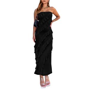 BTFBM Women Summer Elegant Strapless Midi Ruched Bodycon Dress Solid Color Stretch Mesh Slim Party Cocktail Dresses, Size S