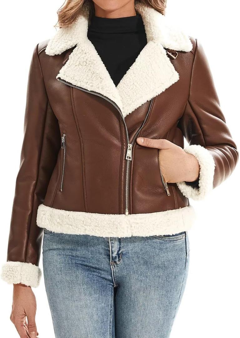 DIASHINY Women's Faux Shearing Fur Winter Coat Warm Thick Fur Lined Faux Leather Jacket (XL)