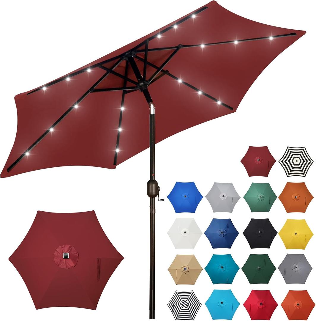 Blissun 7.5 ft Solar Umbrella, 18 LED Lighted Patio Umbrella, Table Market Umbrella, Burgundy