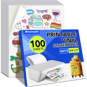 100 PCS Printable Vinyl Sticker Paper for inkjet printer & Laser Printer, Standard Letter Size 8.5"x11", Waterproof Sticker Paper Dries Quickly Vivid Colors, Matte White