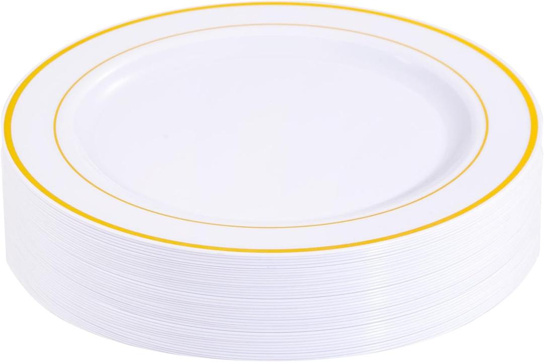 bUCLA 30PCS White and Gold Plastic Dinner Plates Disposable - 10.25inch Premium White Gold Rim Plates, Ideal for Wedding, Party & Thanksgiving