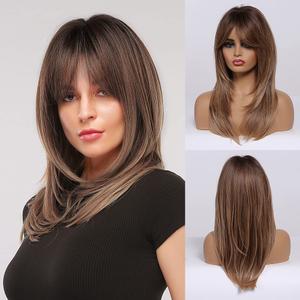 Long Ombre Brown Wigs with Bangs for Women Synthetic Hair Wig Natural Looking Heat Resistant Wavy Wigs