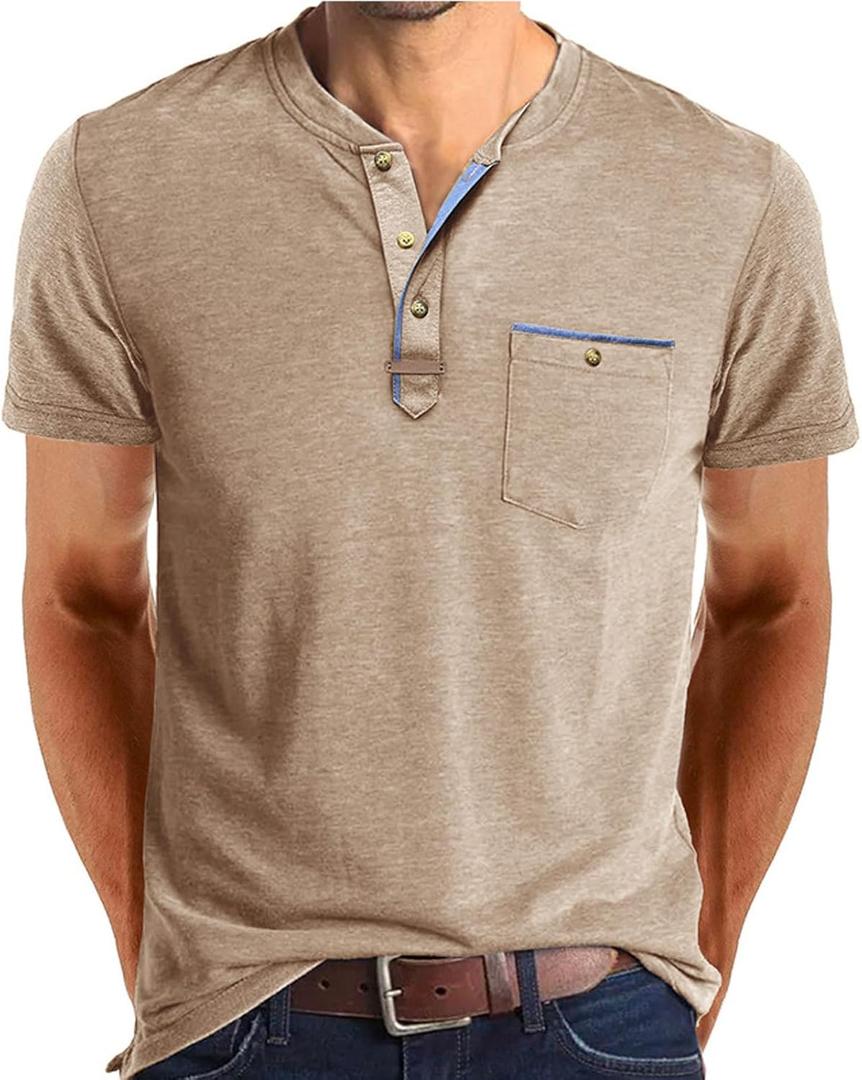 Angbater Mens Henley Shirts Short Sleeve Button T-Shirts Summer Athletic Lightweight Tee Shirts with Pocket (Large, Beige)