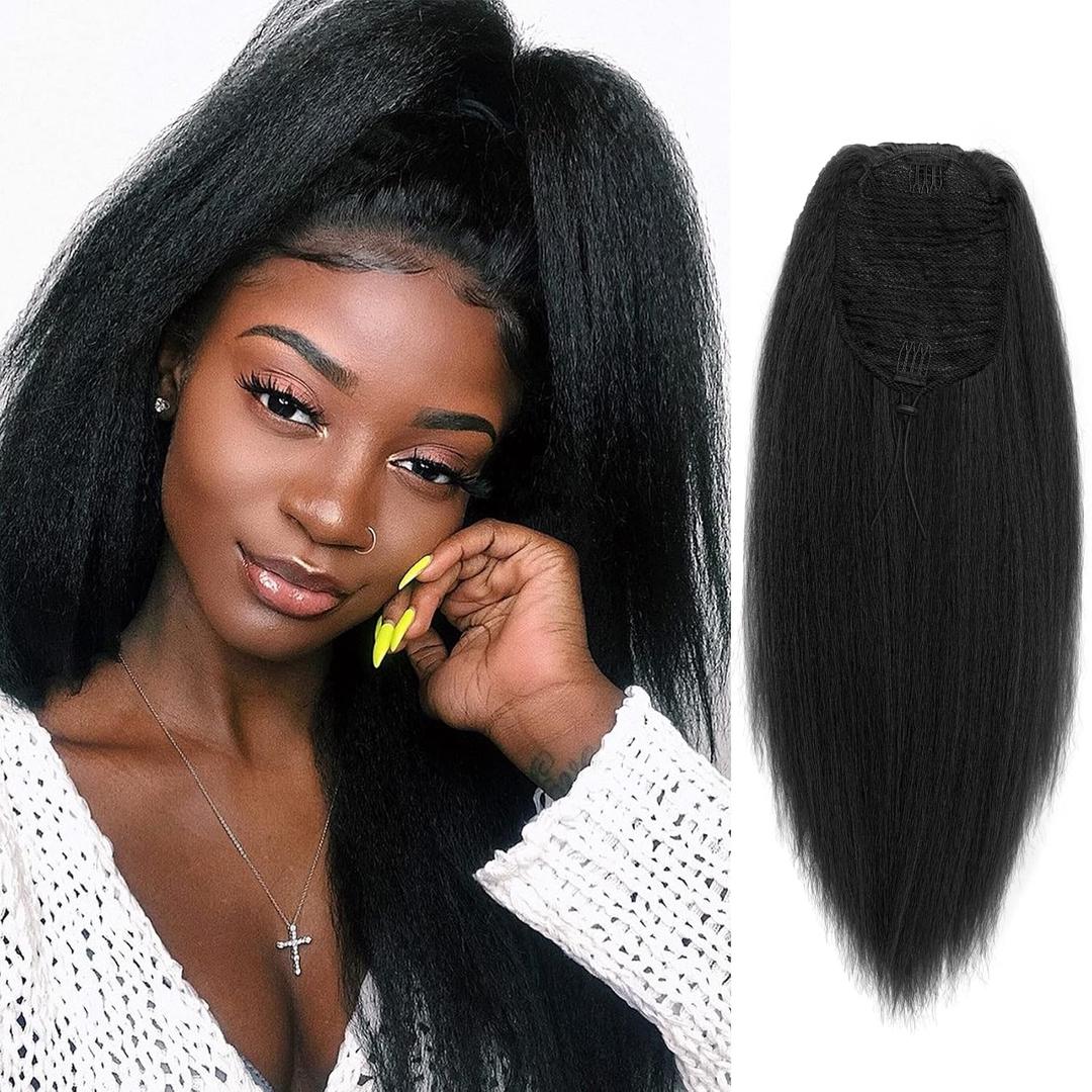 Natural Black Yaki Drawstring Ponytail Extension for Black Women Kinky Staight Up Down Ponytails Synthetic Hair Extensions 20 Inches Clip in (1B Black)