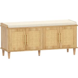 Akxomel Rattan Shoe Storage Bench with Cushion, 2-Tier Entryway Bench with Adjustable Shelves and 4 Doors, 15" D x 47.2" W x 20" H, Solid Wood Legs, for Hallway, Living Room, Bedroom, Natural Oak