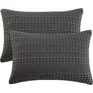 PHF 100% Cotton Waffle Pillow Shams Standard Size, 2 Pack 20" x 26" Soft Skin-Friendly Pillowcases, No Filling, Aesthetic Woven and Breathable Waffle Weave Pillow Case Covers for Bed, Charcoal Grey
