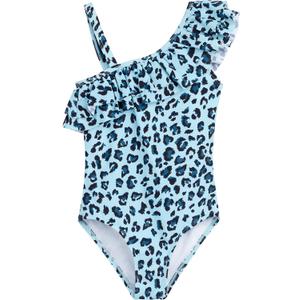 Kanu Surf Girls' Morgan Floral Ruffle 1-Shoulder one Piece Swimsuit (8, Beach Leopard Blue)
