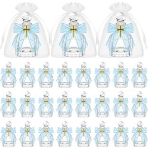 Newtay Holy Water Bottles Catholic Bulk Glass Baptism Favors for Guests Christian Water Container with Cross Organza Bags Bow for Holy Communion Gifts Church Wedding Baptism(Blue,24 Set)