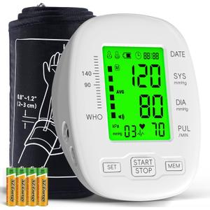 Blood Pressure Monitor, Blood Pressure Cuff 22-42cm - 2 * 99 Sets of Memory, 4*AAA Battery Included, White
