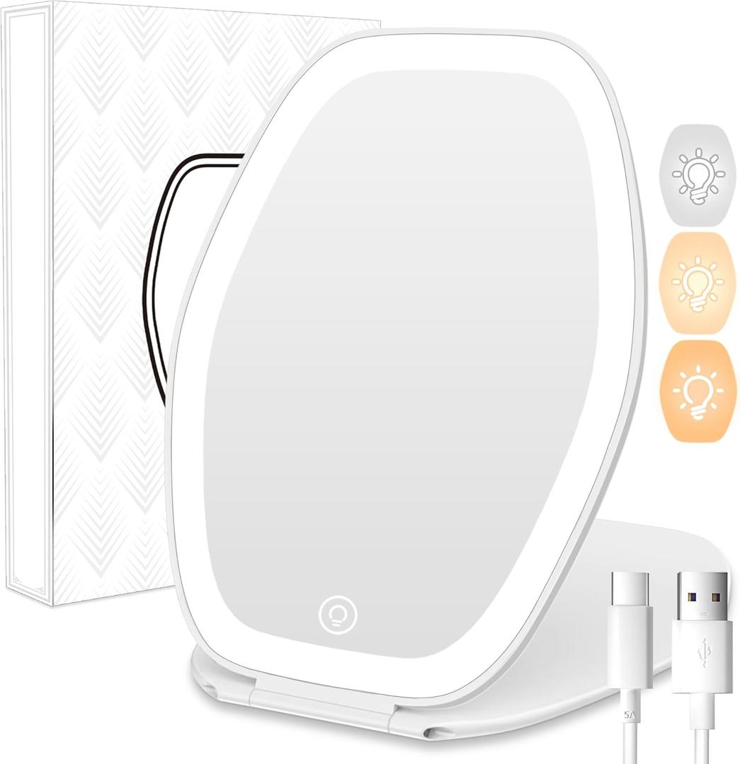 Travel Makeup Mirror with Light: 3 Color Lighting Portable Mirror with Touch Screen Rechargeable Adjustable LED Lights Hexagon Vanity Mirror for Travel, Desk, Home (White)