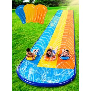 Sloosh Triple Water Slide with 3 BodyBoards, 18FT Lawn Slip Water Splash Slide Summer Toy Splash Pad with Build in Advanced Sprinkler for Kids Adults Backyard Summer Water Fun
