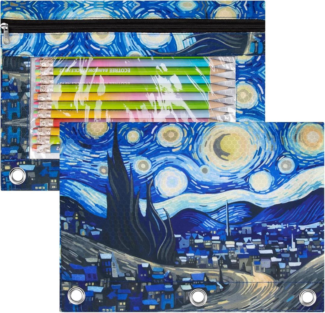 3 x IKAYAS Starry Night Pencil Pouch with Zipper, Pencil Pouch for 3 Ring Binder, Pencil Pouches Pencil Bags for Classroom bulk Pencil Box Pencil Case for Storing School Students Teacher Supplies 2 Pack