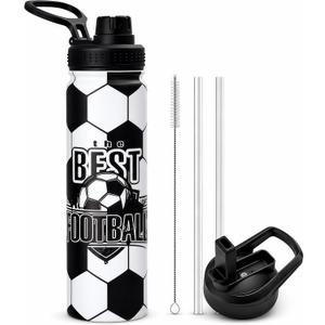 Soccer Water Bottle, 24 oz Insulated Stainless Steel Sports Bottle with Straw, Soccer Stuff Gifts for Boys