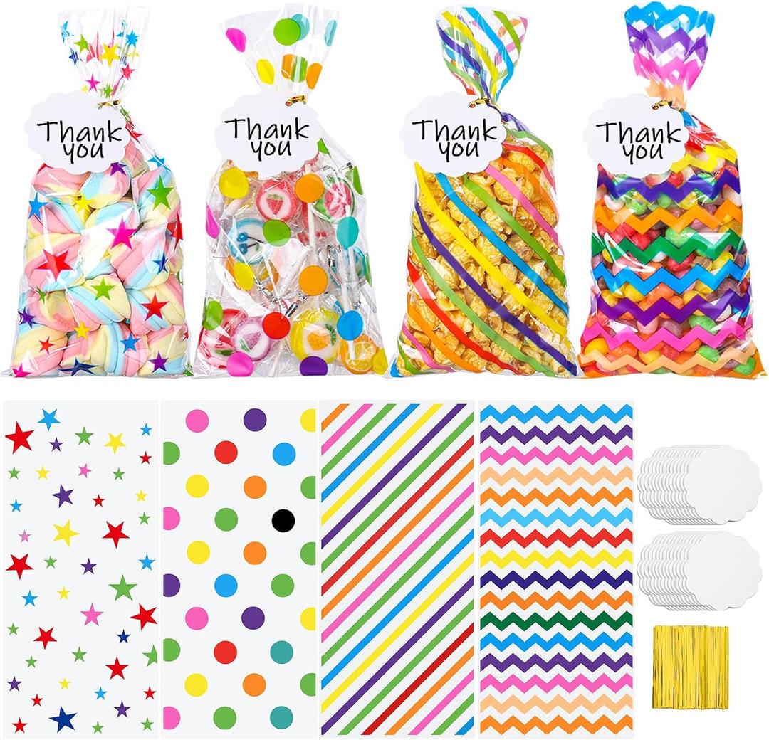Woric 100 Set Rainbow Cellophane Treat Bags 5 x 10.6 Inch Clear Candy Party Favor Bags with 100 Gift Tags and Twist Ties for Mother's Day Rainbow Colorful Party Baby Shower Decorations