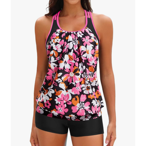 Yonique Two Piece Tankini Bathing Suits T-Back Blouson Swim Tops with Boy Shorts Women Swimsuits Sporty Swimwear L