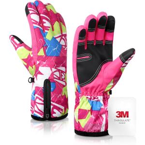 krosa 5-Layer Winter Gloves for Men & Women Made with 3M Thinsulate, -10 Waterproof Work Gloves for Cold Weather, Snow Ski Gloves with 10 Touchscreen Fingers (Large, Rose Doodle)