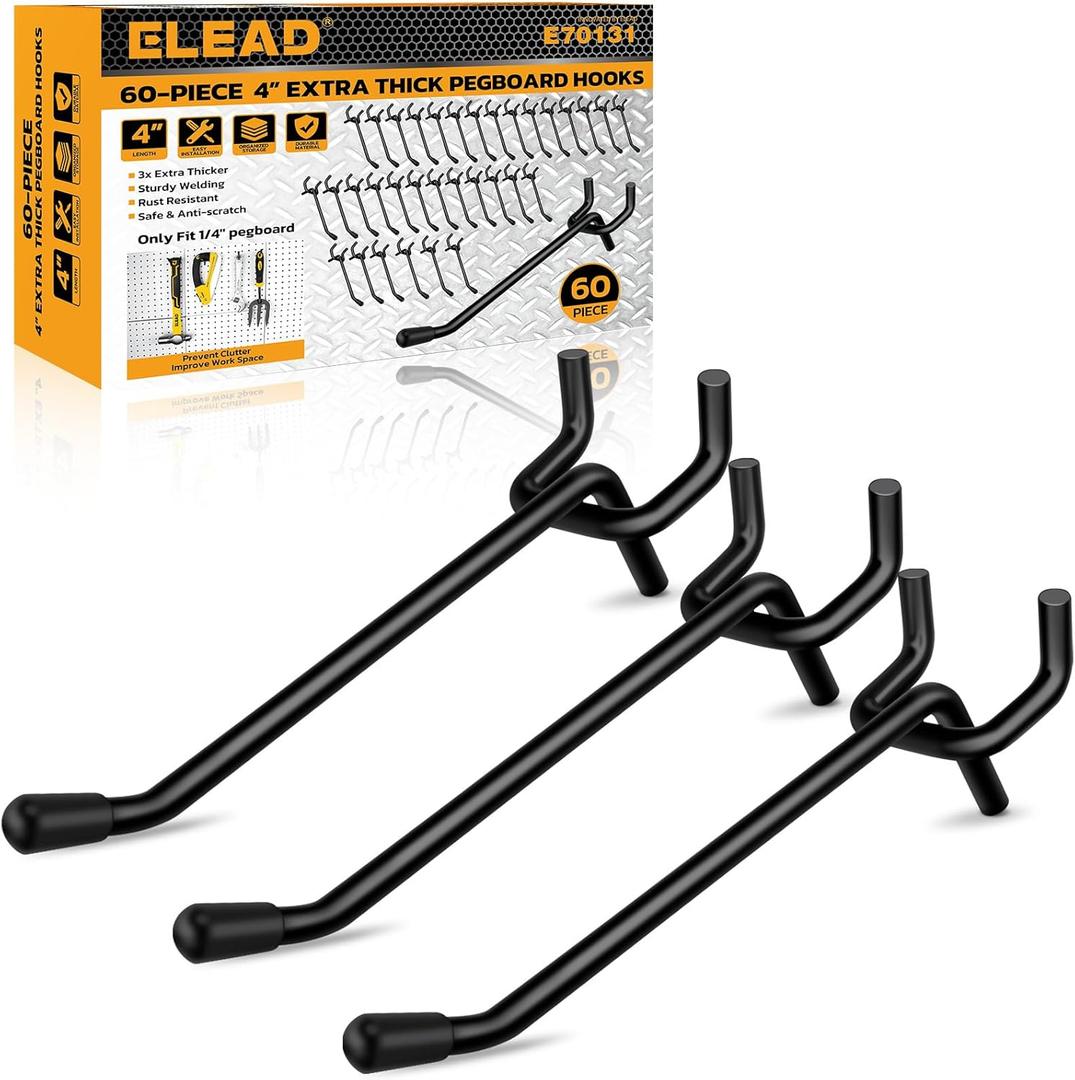 ELEAD 60-Piece 4 Inch Extra Thick Pegboard Hooks, Heavy Duty Peg Board Organizer Accessories, Peg Board Tool Hangers Fit for 1/4" Pegboard Hanging Tools Garage, Workshop, and Craft Storage