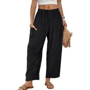 Sampeel Wide Leg Pants for Women Barrel Flowy Palazzo Elastic Waist Trousers with Pockets Summer Beach Vacation Outfits S
