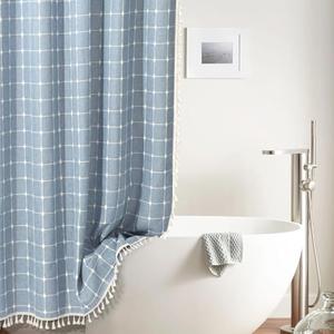 WEGOMA Boho Bathroom Shower Curtain Rustic Farmhouse Shower Curtain Set with 12 Hooks Modern Rustic Shower Curtain Trim with Tassels -Blue-72 X 72