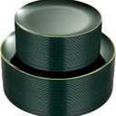 PULOTE 100PCS Green Plastic Plates - Green Disposable Plates With Gold Rim - Includes 50 Pieces Dinner 10.25 inch, 50 Pieces Dessert 7.5inch for Party & Christmas