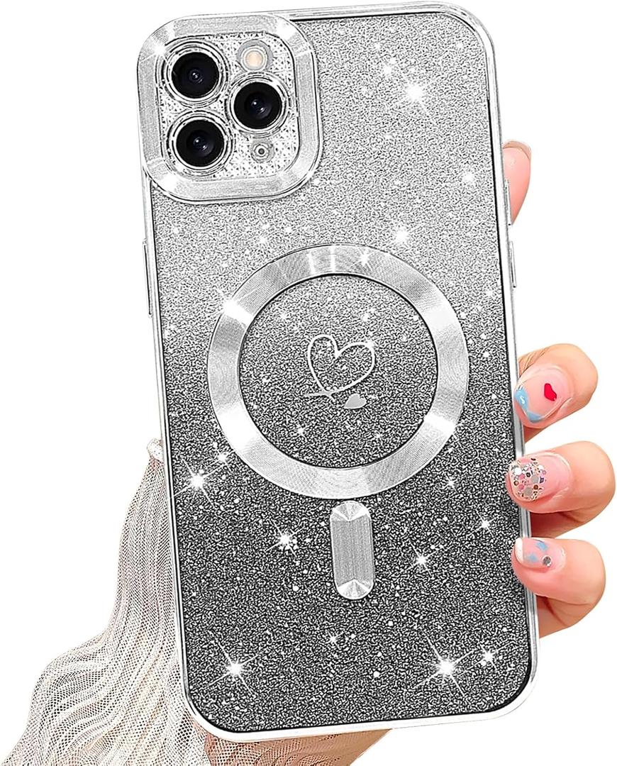 NITITOP Compatible with iPhone 11 Pro Case Cute Clear Glitter [Compatible for MagSafe] Sparkle Bling Magnetic Plating Heart Girl Women Electroplated Frame Camera Protection Back Cover - Silver